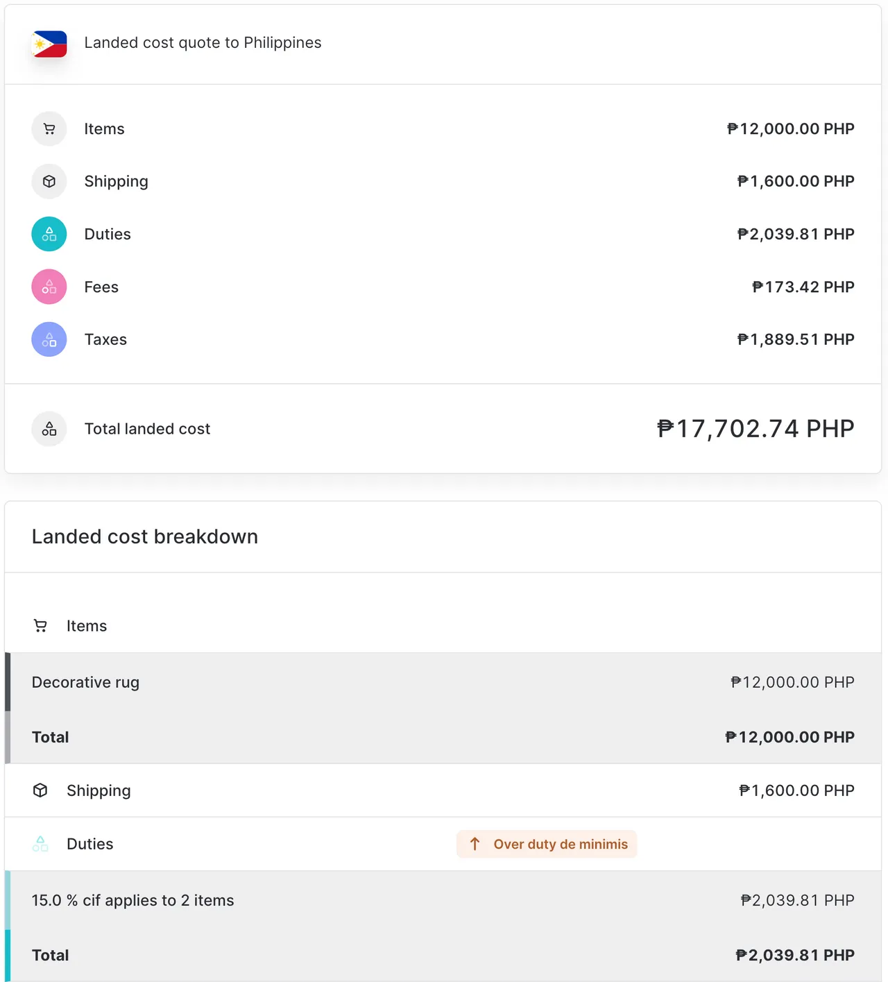 Philippinnes landed cost quote above the de
minimis